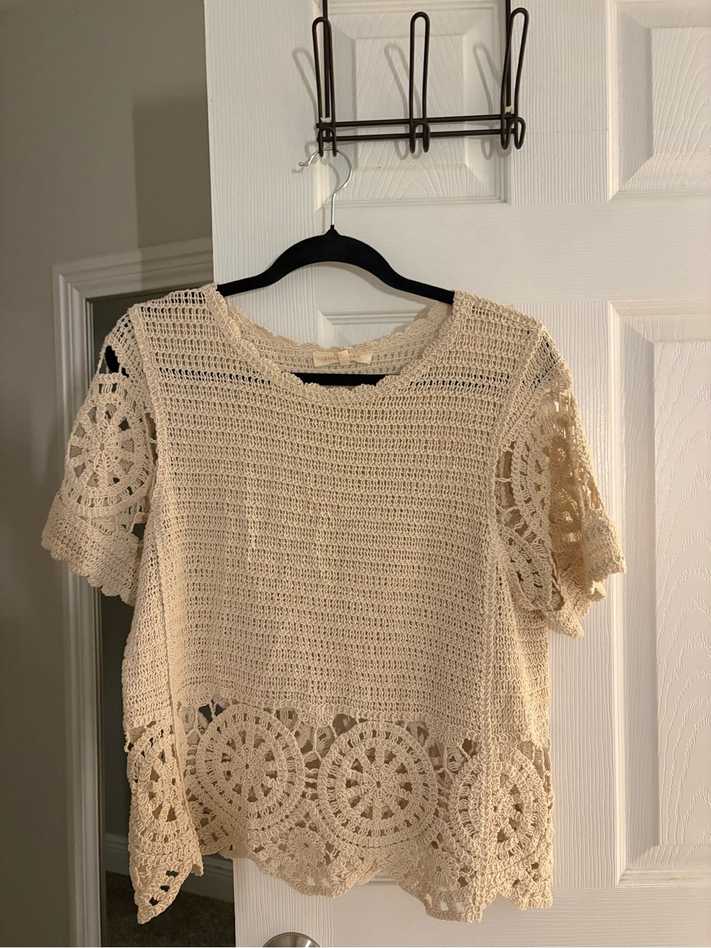 Solitaire Beige Crochet Short-Sleeve Crewneck Sweater Top - Picture 2 of 4